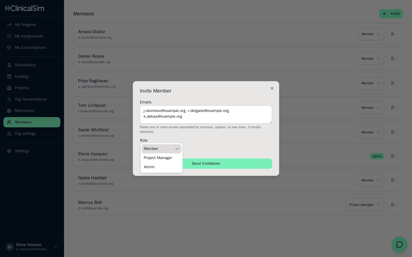 The Invite Member dialog with three email addresses entered and the role dropdown open on Member, Project Manager and Admin.