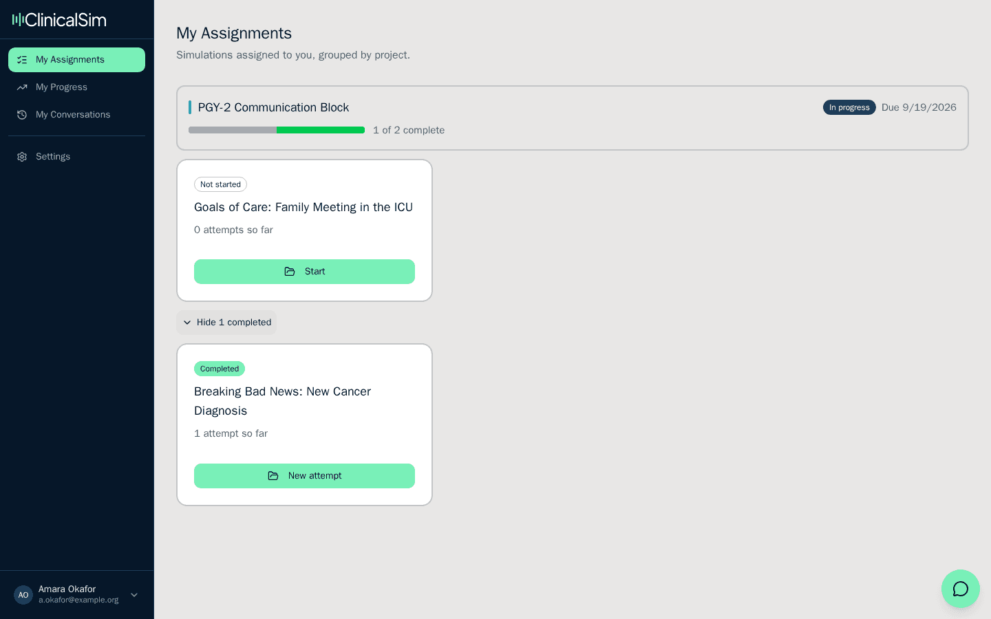 A learner's My Assignments page showing one project, one simulation still to start and one completed.