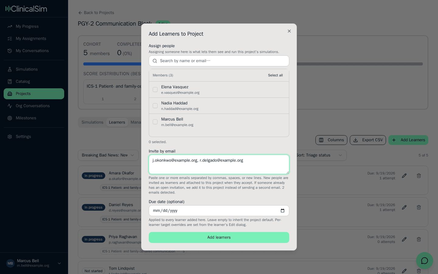 The Add Learners dialog on a project, showing existing members to assign above an Invite by email field and an optional due date.
