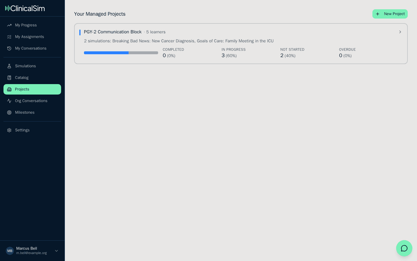 A Project Manager's project list, headed "Your Managed Projects", showing only the one cohort they manage.